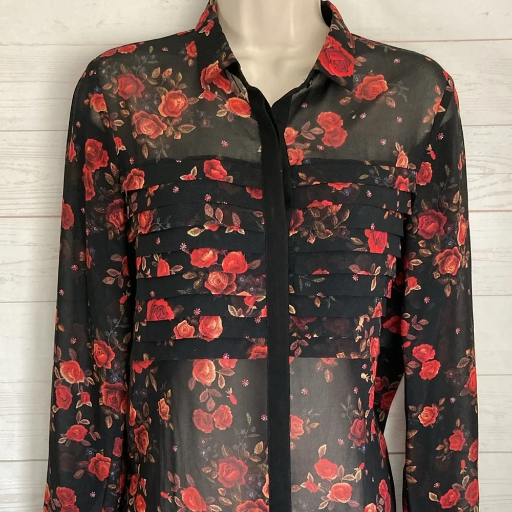 The Kooples Size XXS Romantic Floral Print Black Sheer button front Blouse - Picture 4 of 9